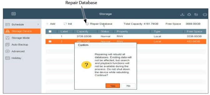 NVR Database Repair Screen